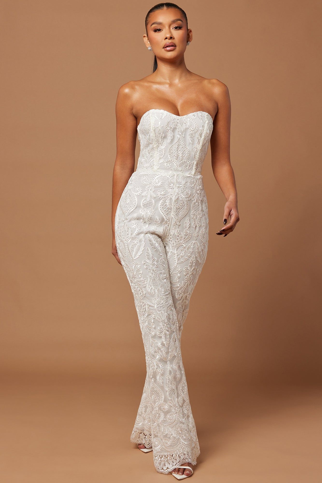 Esther Sequin Embroidered Jumpsuit - White sold by Fashion Nova