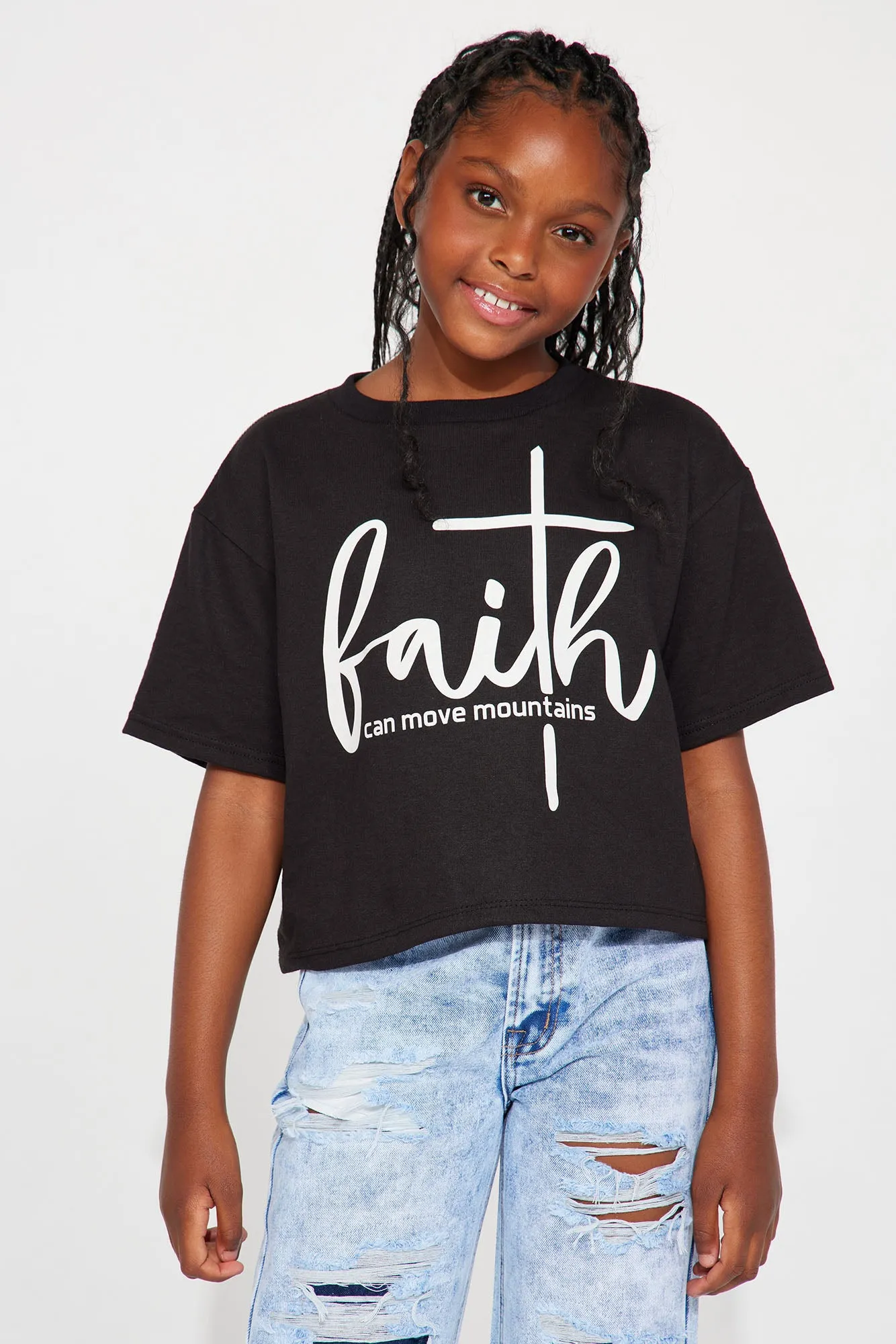 Mini Keep Your Faith Tie Front Tee - Black sold by Fashion Nova