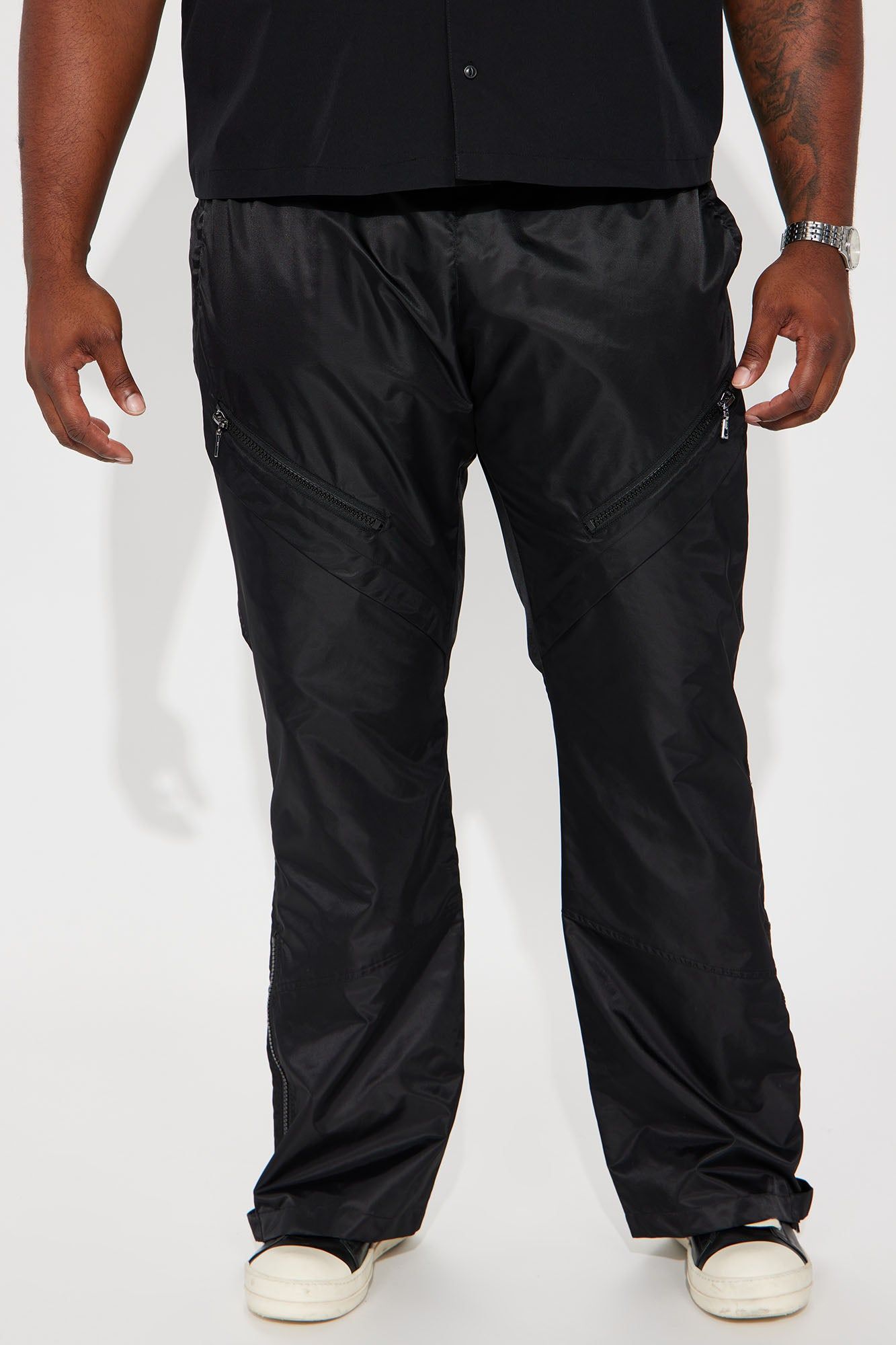 【HI FI FNK】Niss Layered Nylon Pants Play The Track Stacked Slim Flare Nylon Pants - Black | Parallel