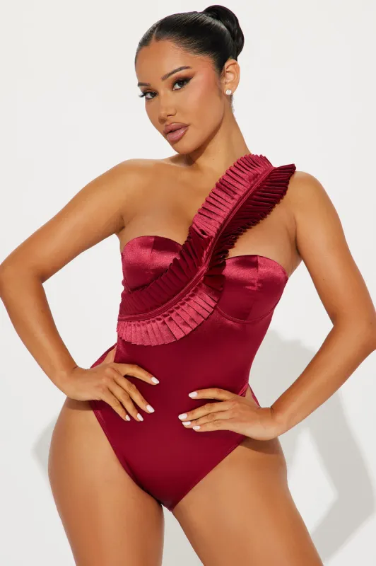 Maribela One Shoulder Ruffle 1 Piece Swimsuit - Burgundy sold by Fashion Nova