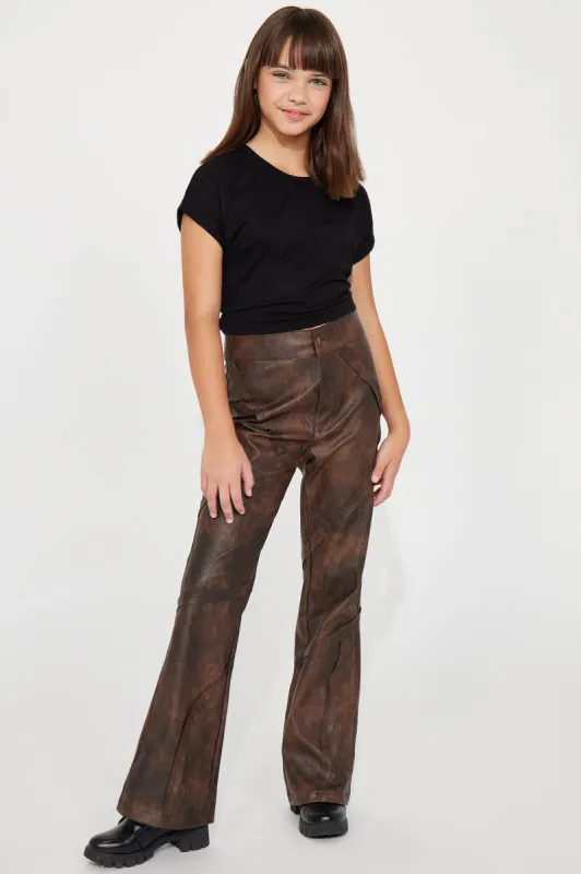 Mini Gemmi Distressed Faux Leather Flare Pant - Chocolate sold by Fashion Nova
