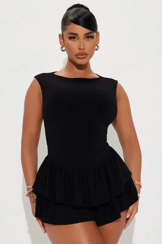 Just A Girl Romper - Black sold by Fashion Nova