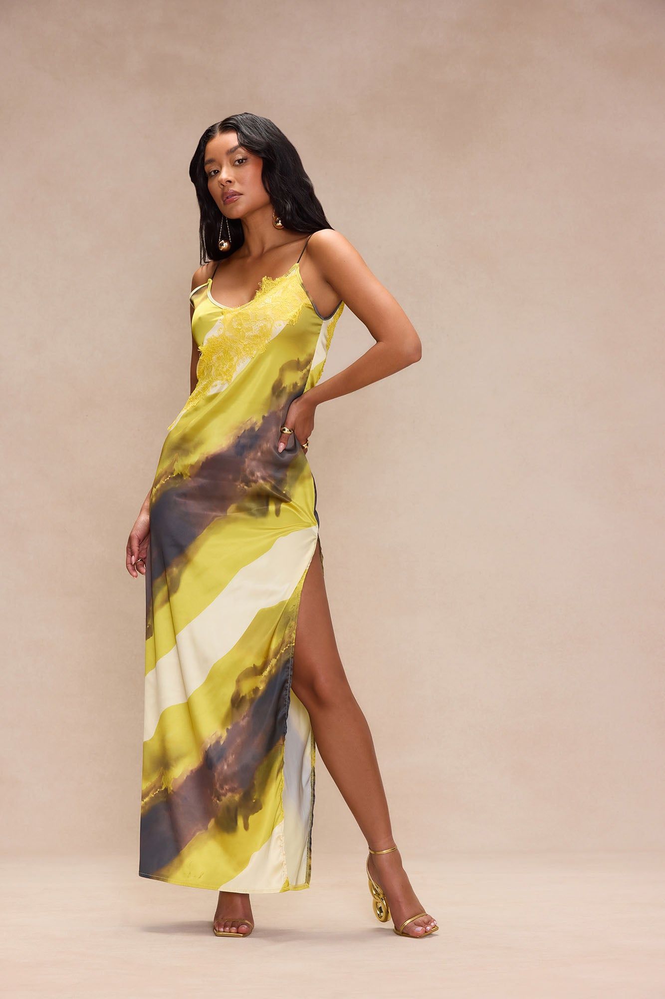 Sunny Satin Maxi Dress - Yellow/combo sold by Fashion Nova
