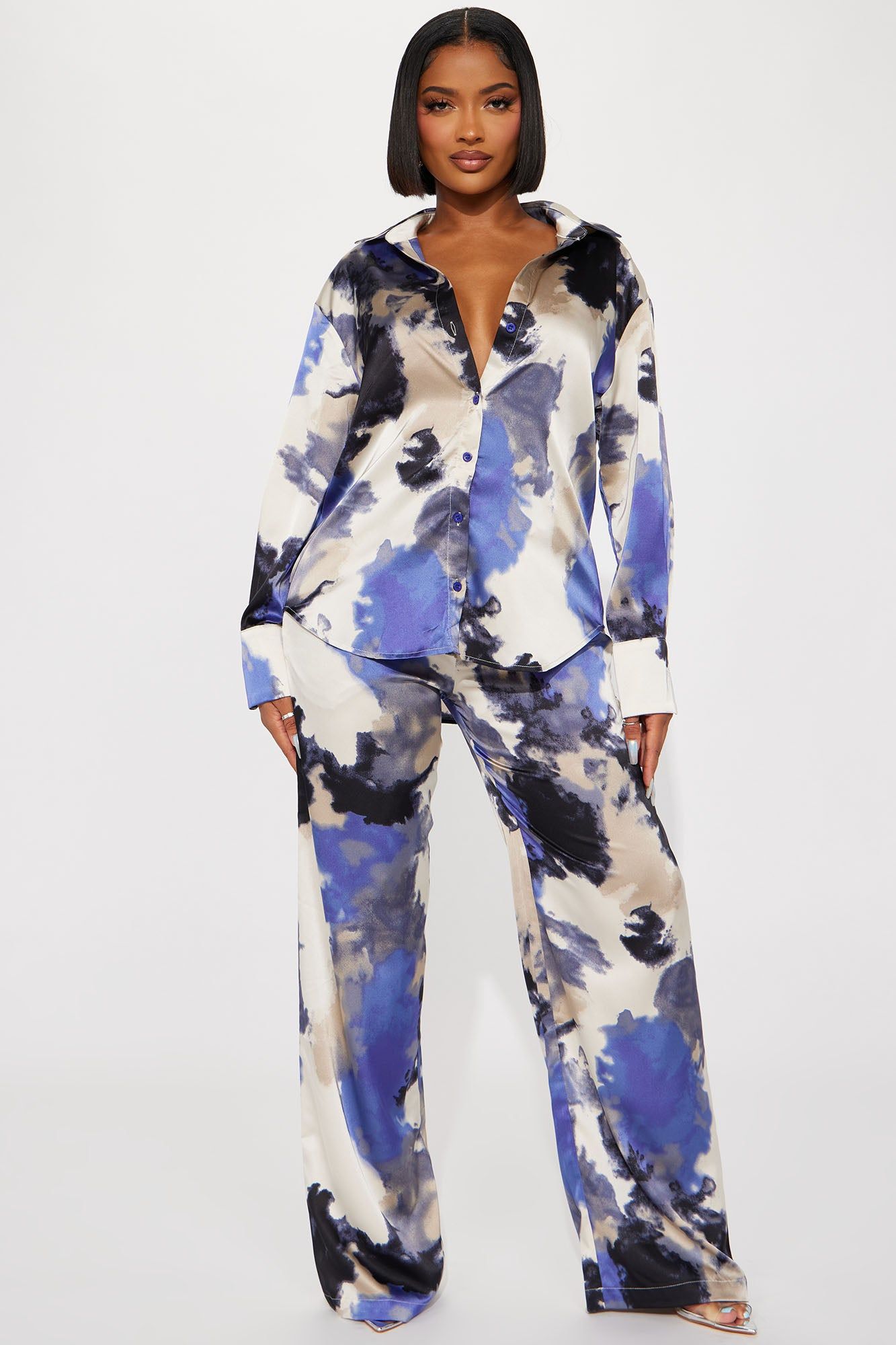 Christina Satin Pant Set - Blue/combo sold by Fashion Nova