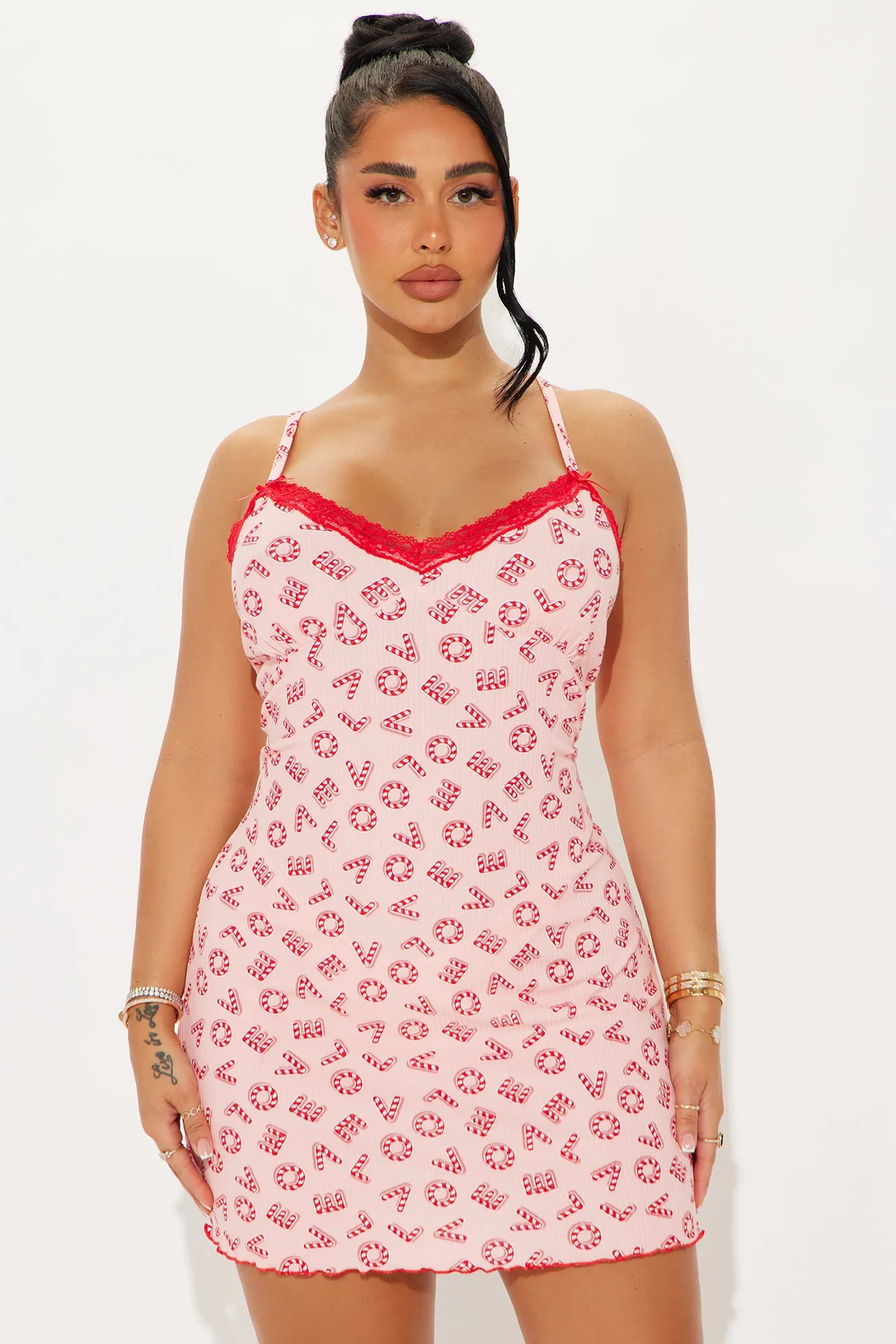 Candy Cane Sweetie Ribbed PJ Cami Sleep Dress - Pink/combo sold by Fashion Nova