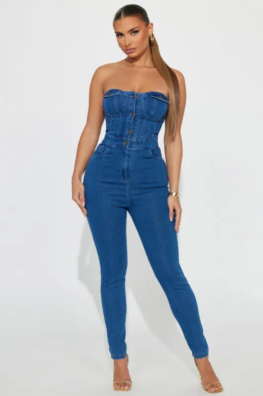 All That Fuzz Denim Jumpsuit  - Medium Wash sold by Fashion Nova