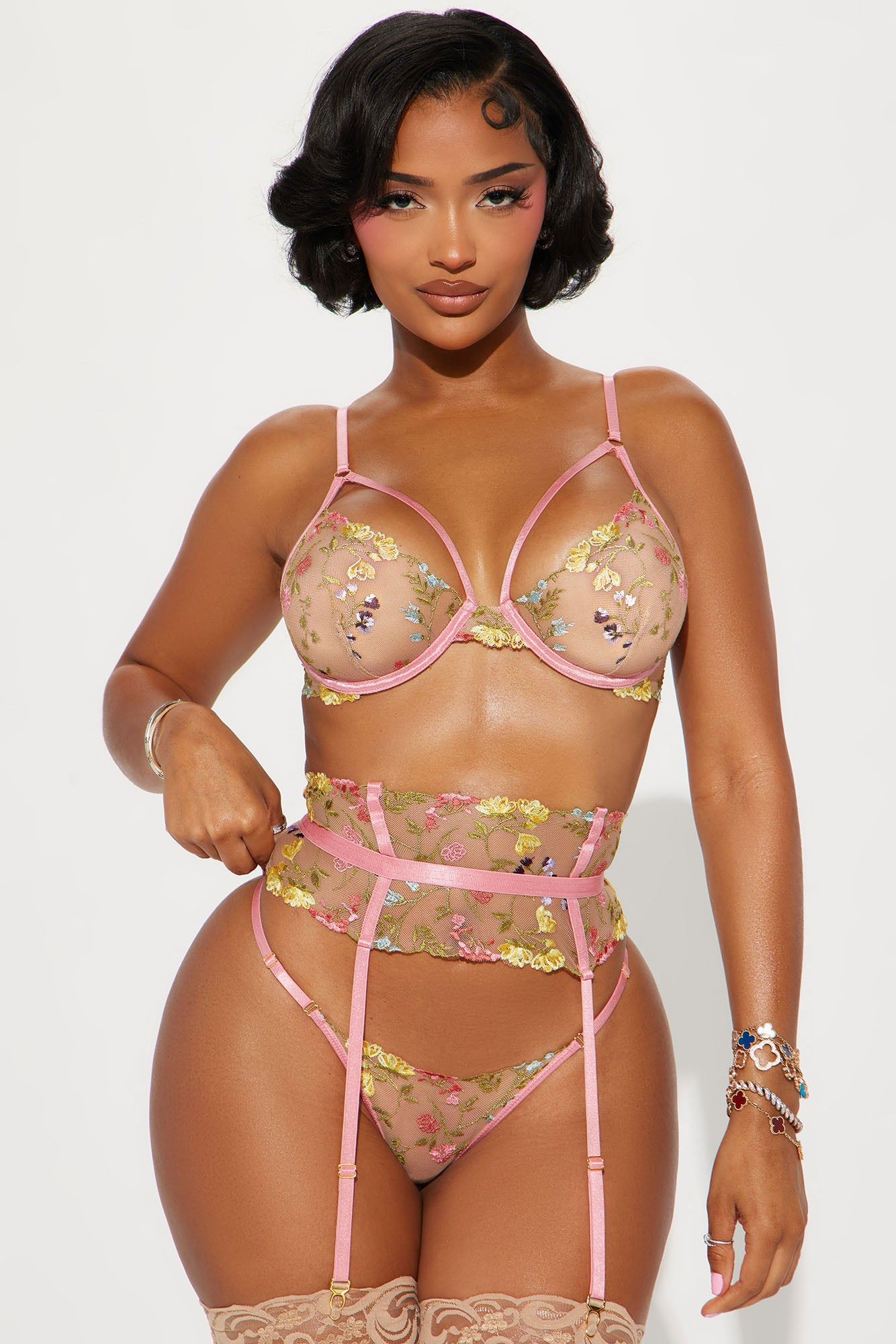 Keep Falling For You Corset Garter 3 Piece Set - Pink/combo sold by Fashion Nova