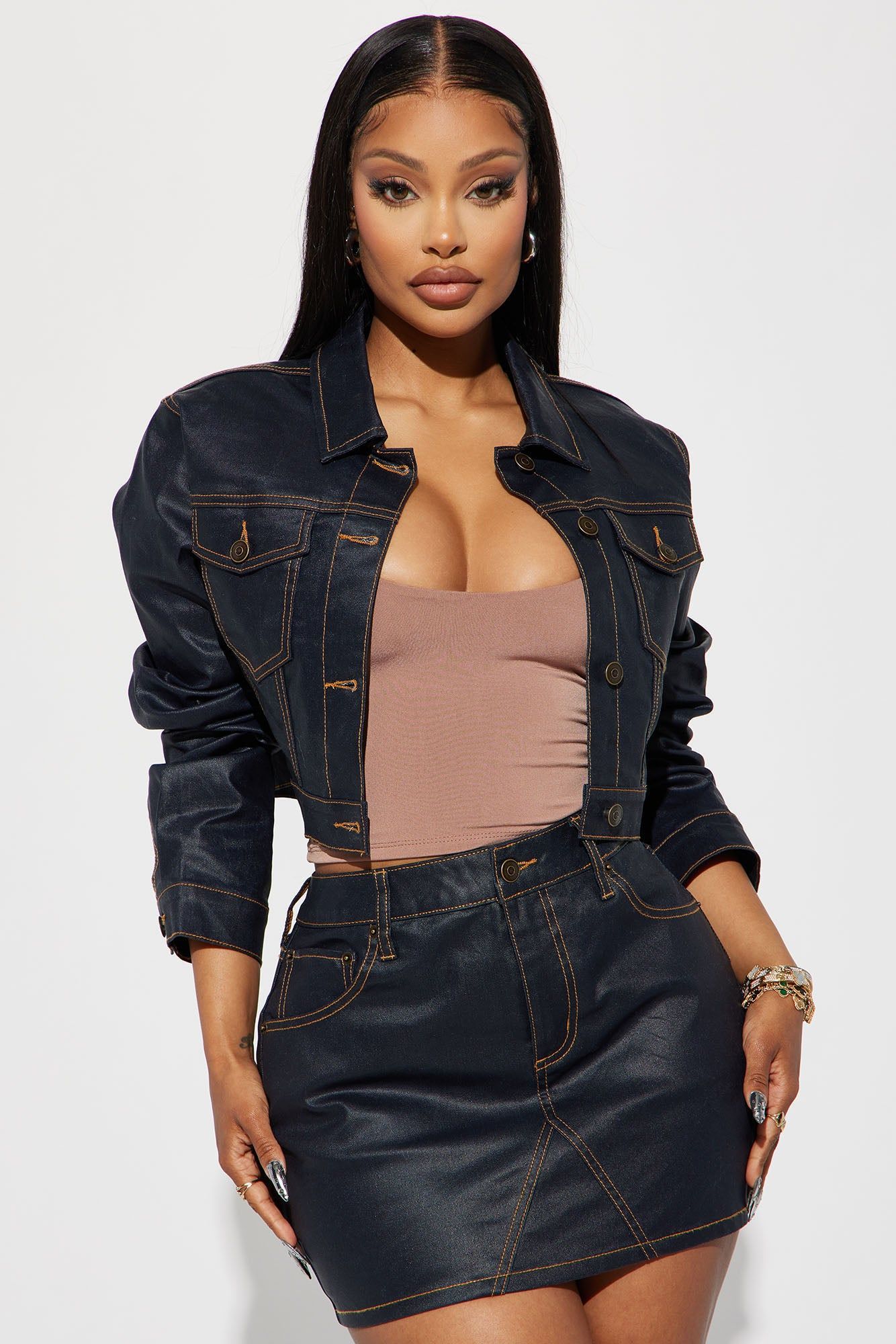 I Never Miss Coated Cropped Denim Jacket - Dark Wash sold by Fashion Nova