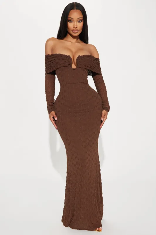 Kim Off Shoulder Maxi Dress - Brown sold by Fashion Nova