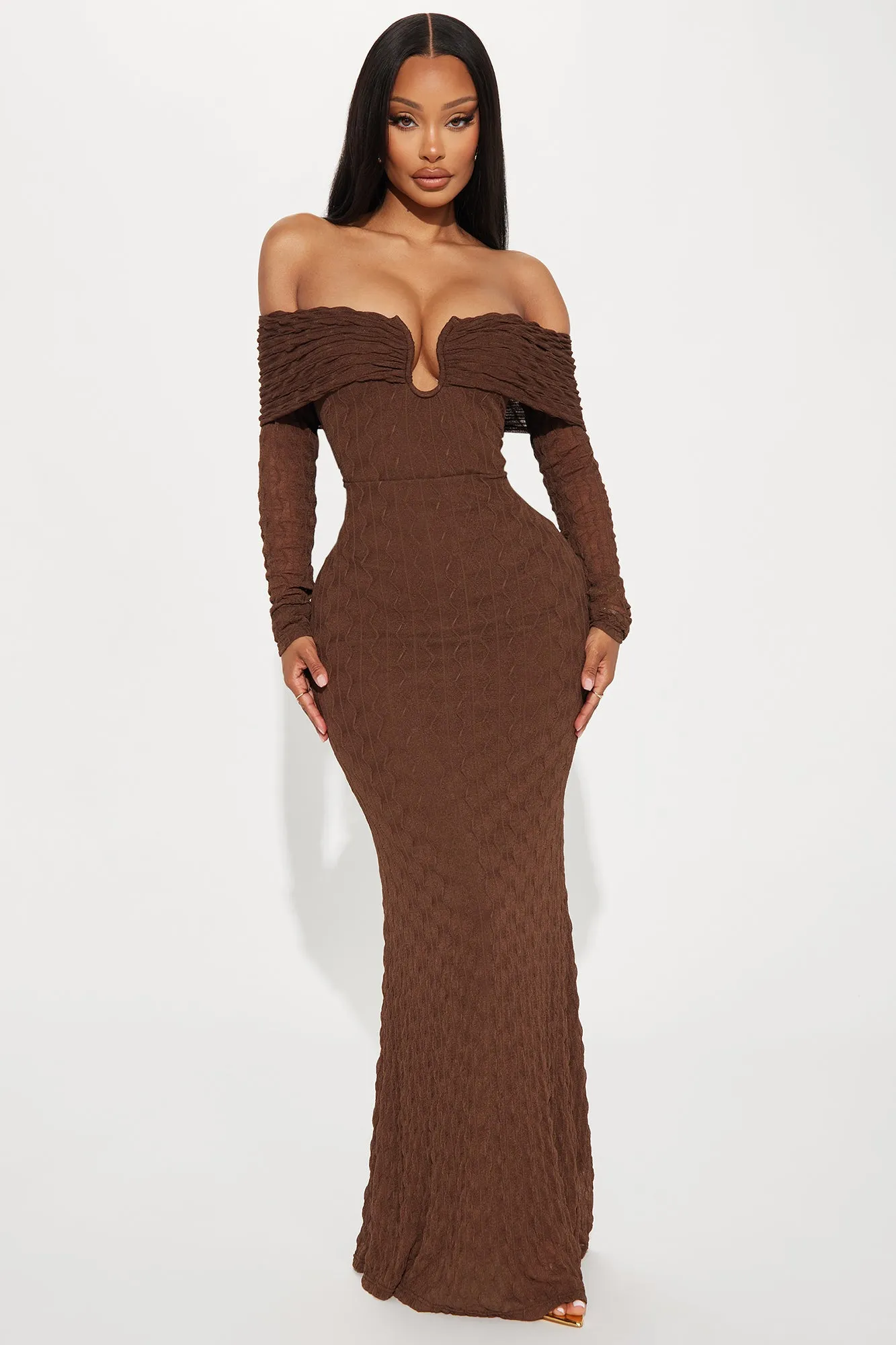 Kim Off Shoulder Maxi Dress - Brown sold by Fashion Nova