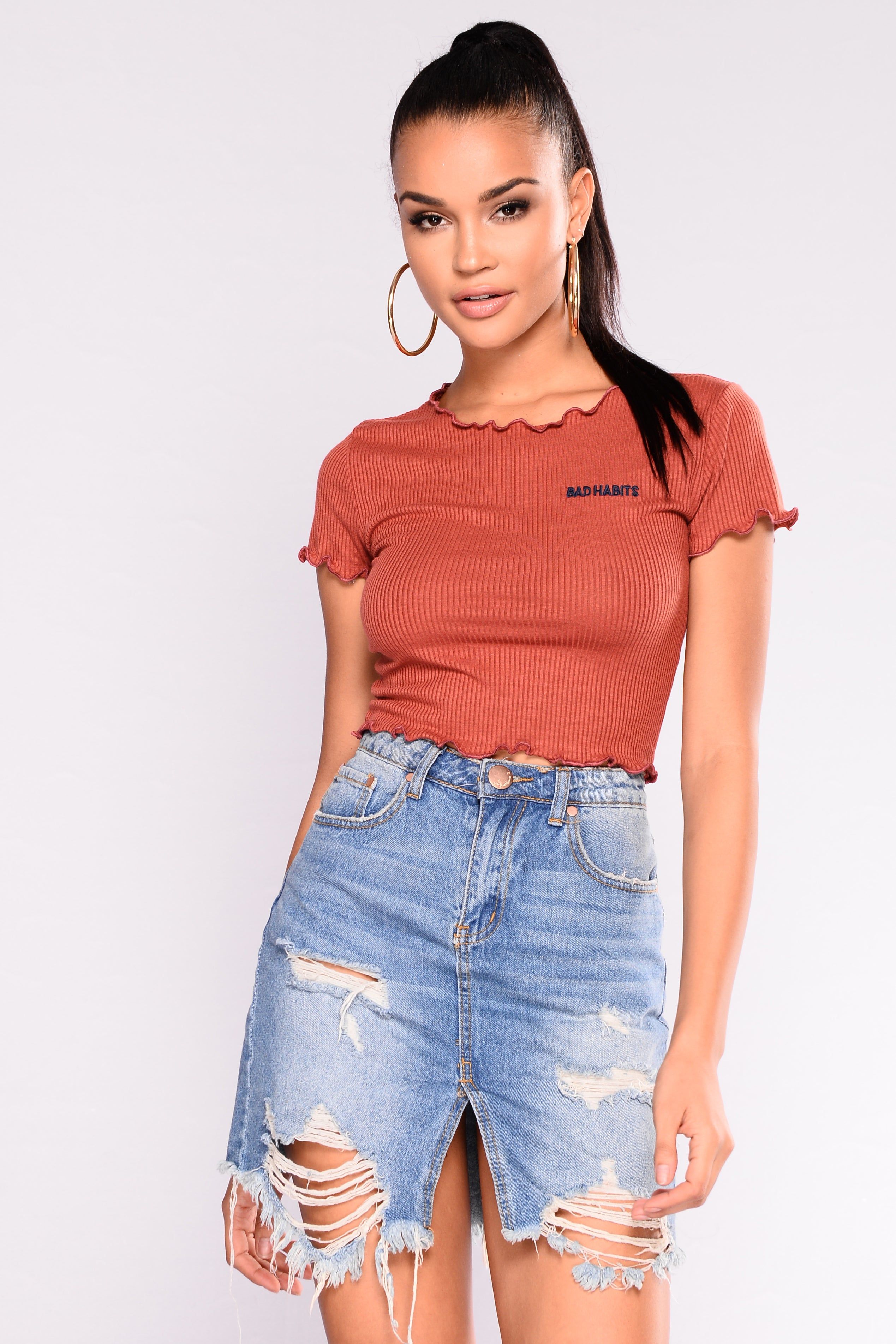 Bad Habits Graphic Top - Rust sold by Fashion Nova