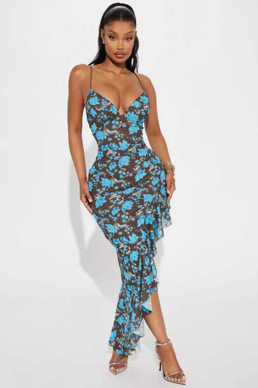 Finley Mesh Maxi Dress - Chocolate/Combo sold by Fashion Nova