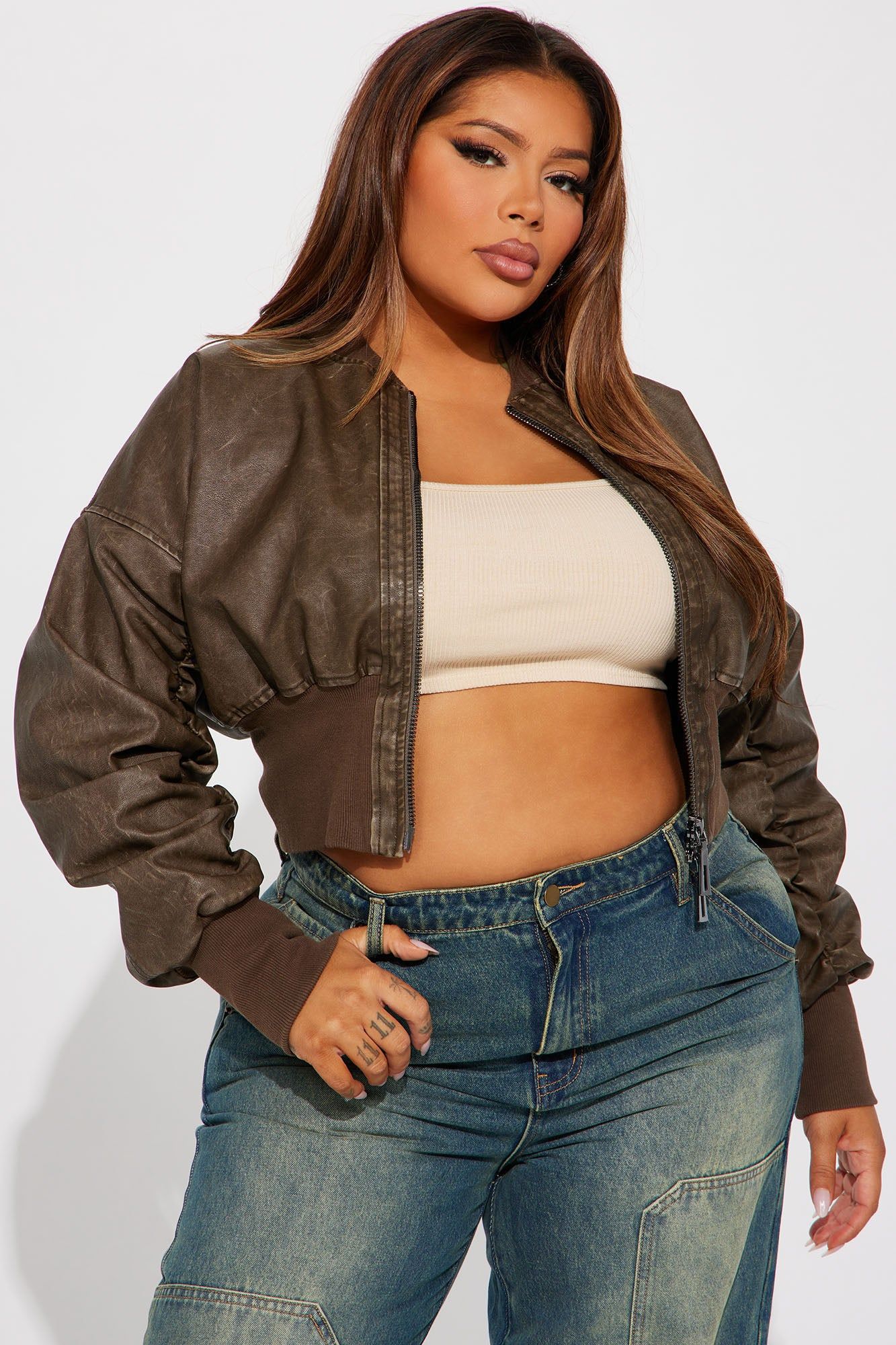 Right Timing Washed Faux Leather Bomber Jacket - Brown sold by Fashion Nova product image thumbnail 4