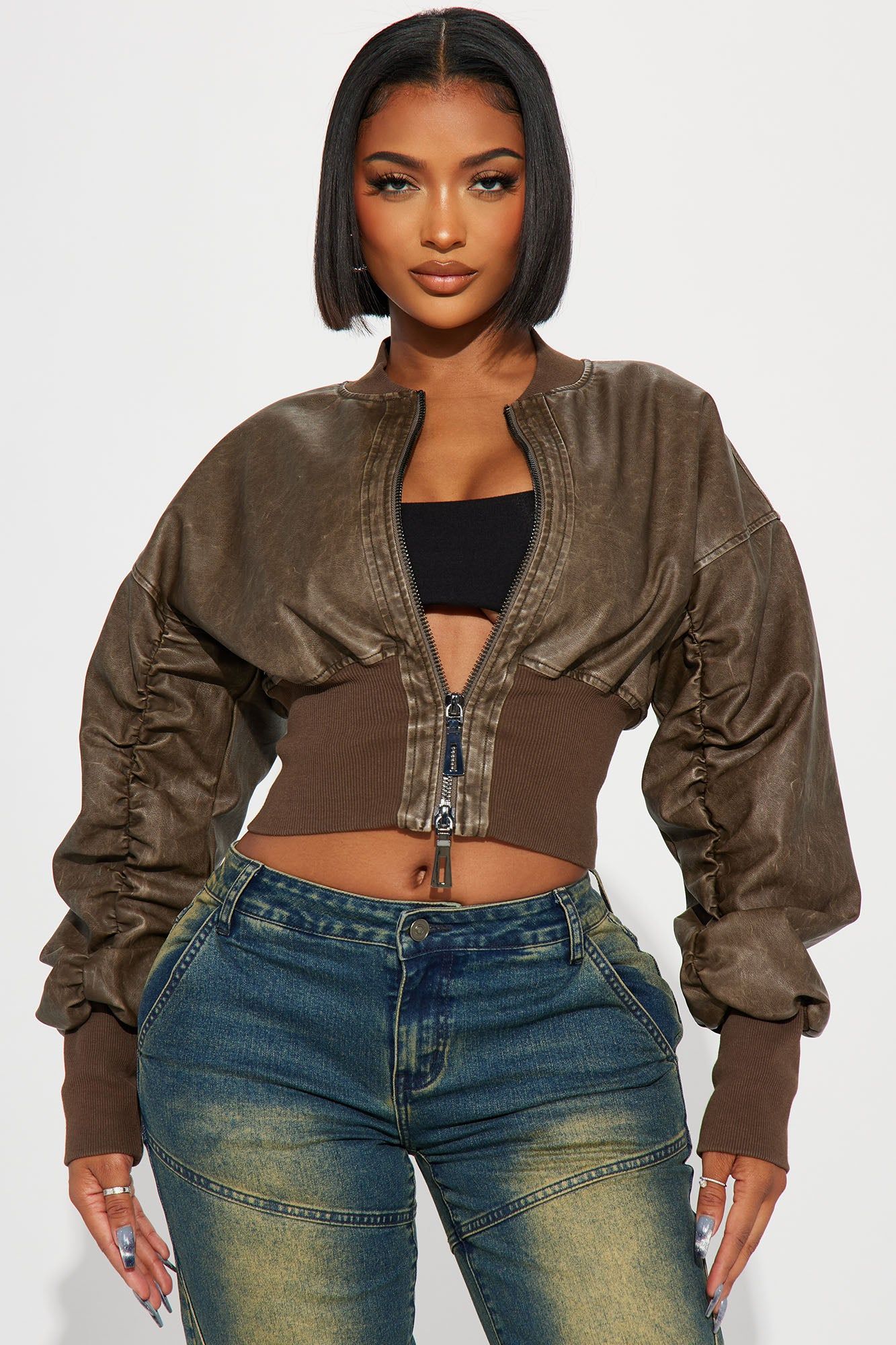 Right Timing Washed Faux Leather Bomber Jacket - Brown sold by Fashion Nova