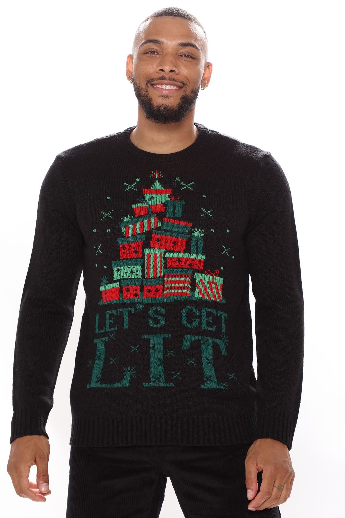 Let's Get Lit Holiday Sweater - Black/combo sold by Fashion Nova