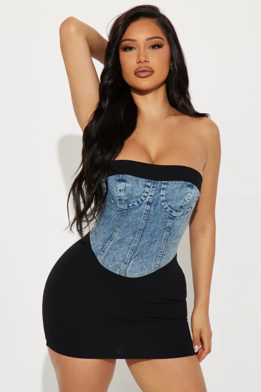 Dia Denim Contrast Micro Mini Dress - Black/combo sold by Fashion Nova