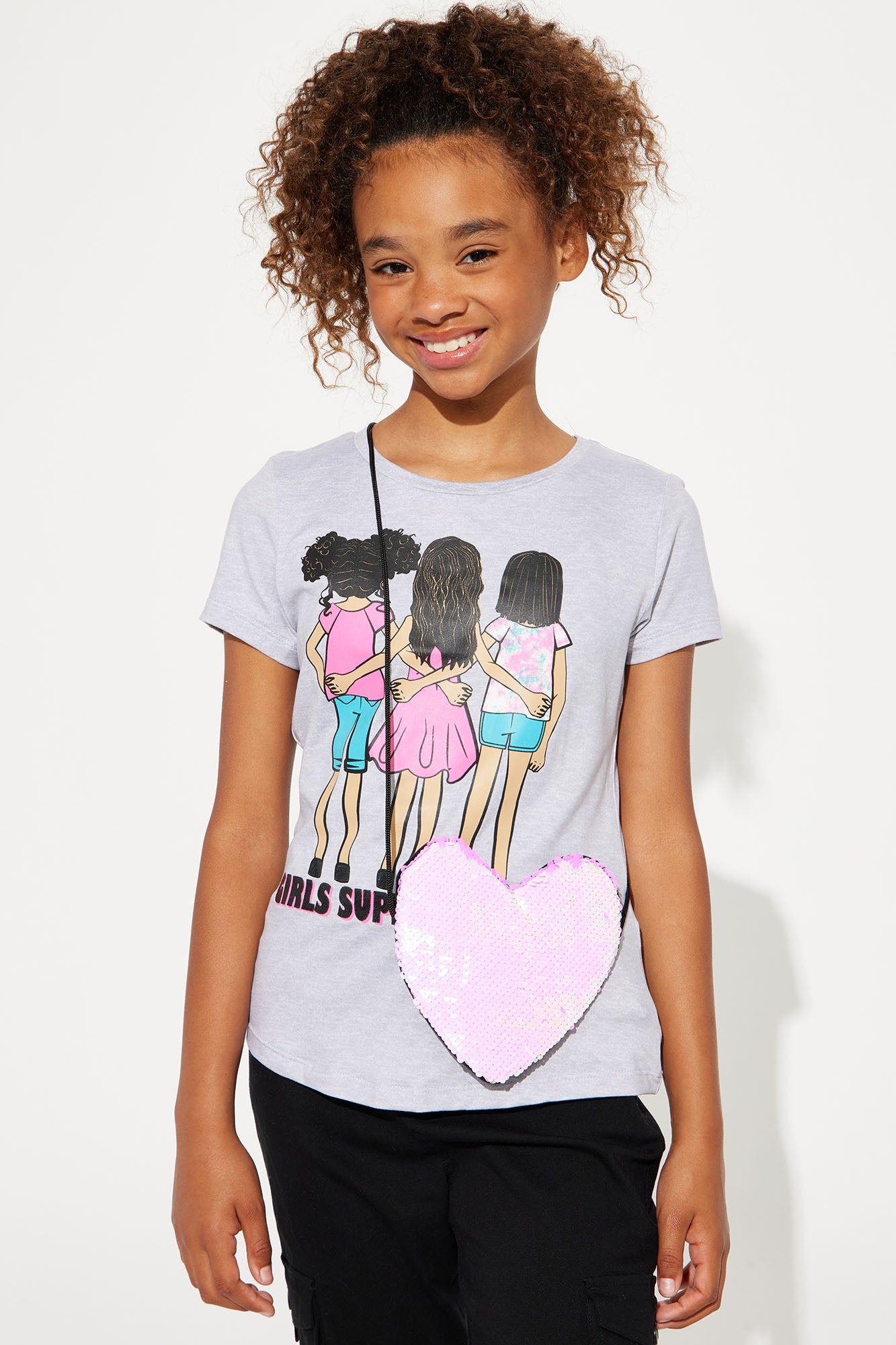 Mini Love My Friends Tie Front Tee With Handbag - Heather Grey sold by Fashion Nova