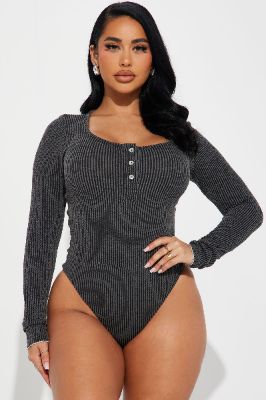 Emily Ribbed Bodysuit - Charcoal sold by Fashion Nova
