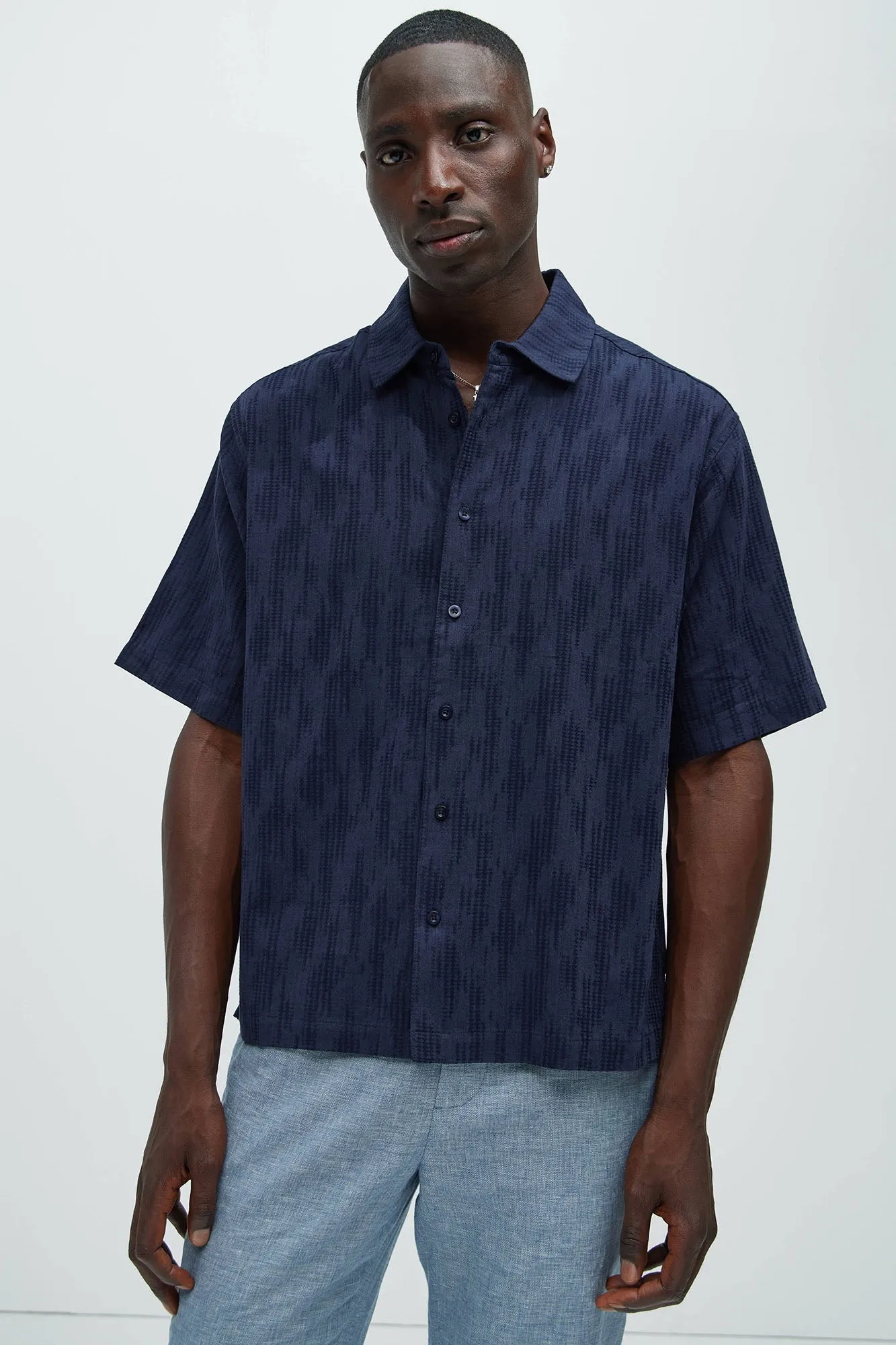 Up In The High Tide Linen Shirt - Navy sold by Fashion Nova