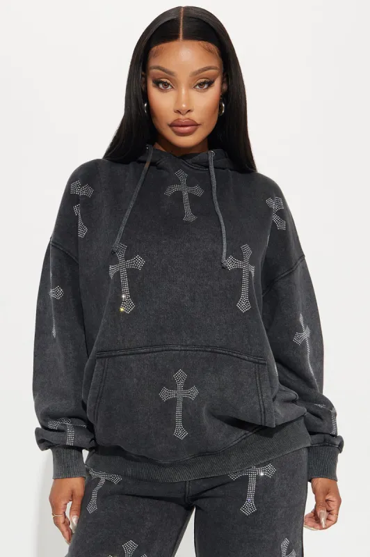 Sunday Rhinestone Washed Hoodie - Black Wash sold by Fashion Nova