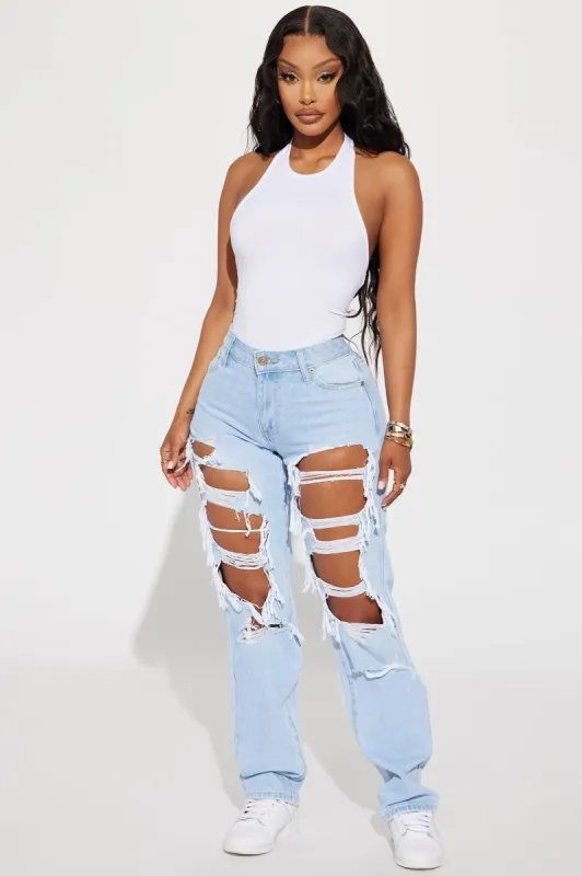 Perfect Fit Waistband Ripped Straight Leg Jean - Light Wash sold by Fashion Nova