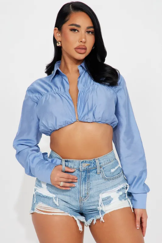 My Basic Instinct Poplin Top - Blue sold by Fashion Nova