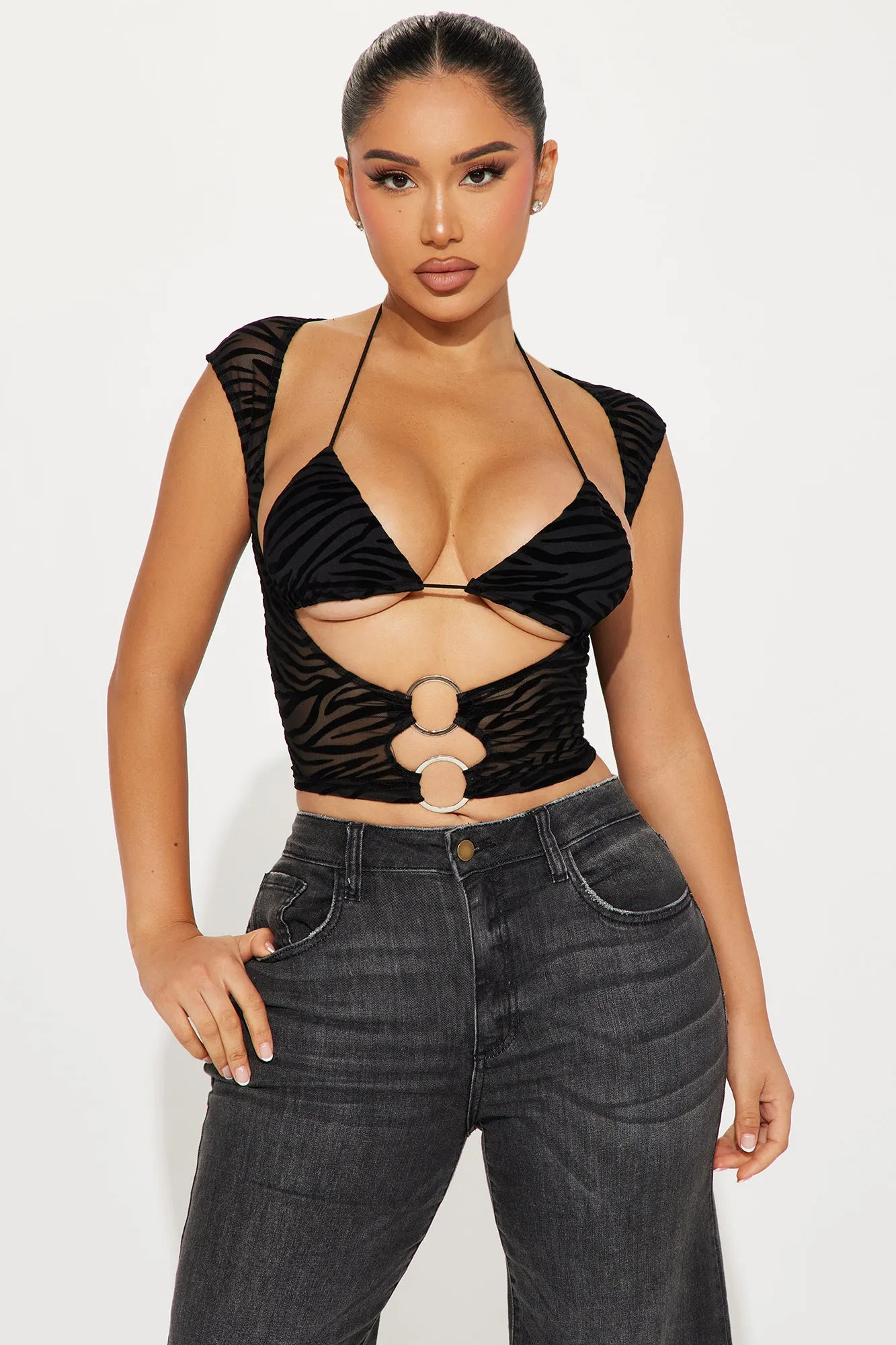 Maddie Cut Out Mesh Top - Black sold by Fashion Nova