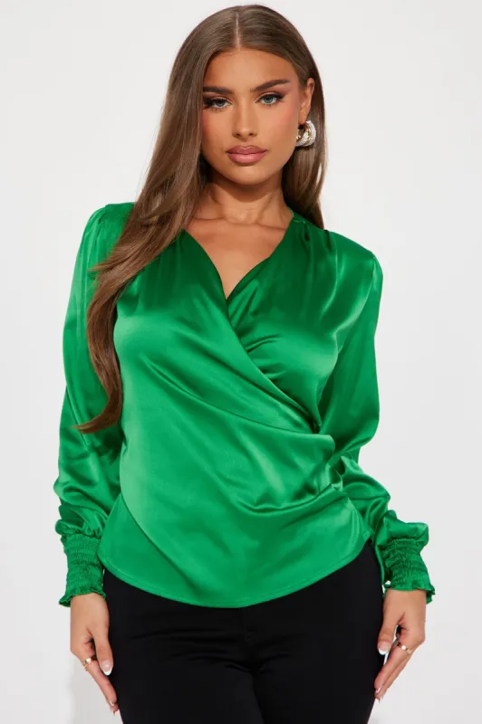 Dinner and Drinks Satin Blouse Top - Green sold by Fashion Nova