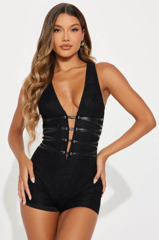 Patti Lace Romper - Black sold by Fashion Nova