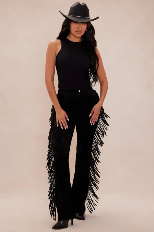Suede Nashville Fringe Pant - Black sold by Fashion Nova