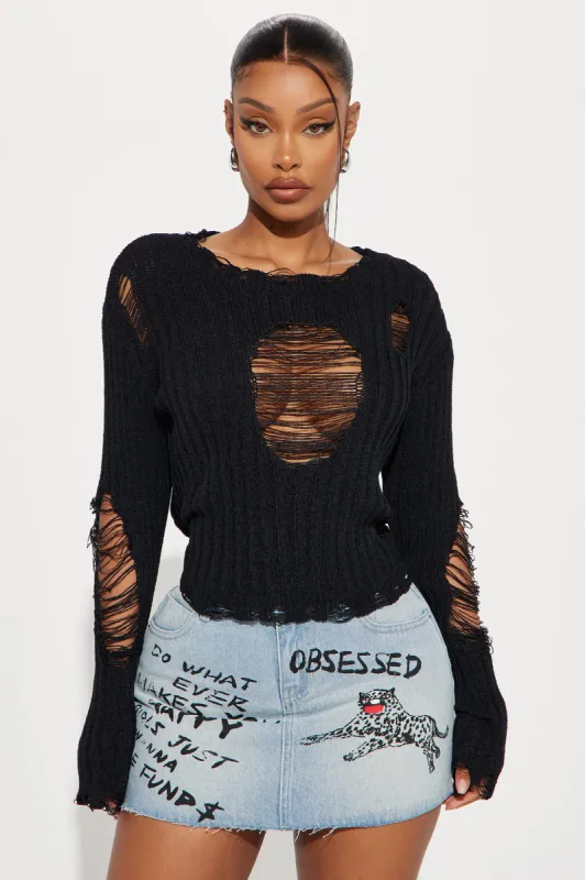 Bad Attitude Distressed Sweater - Black sold by Fashion Nova