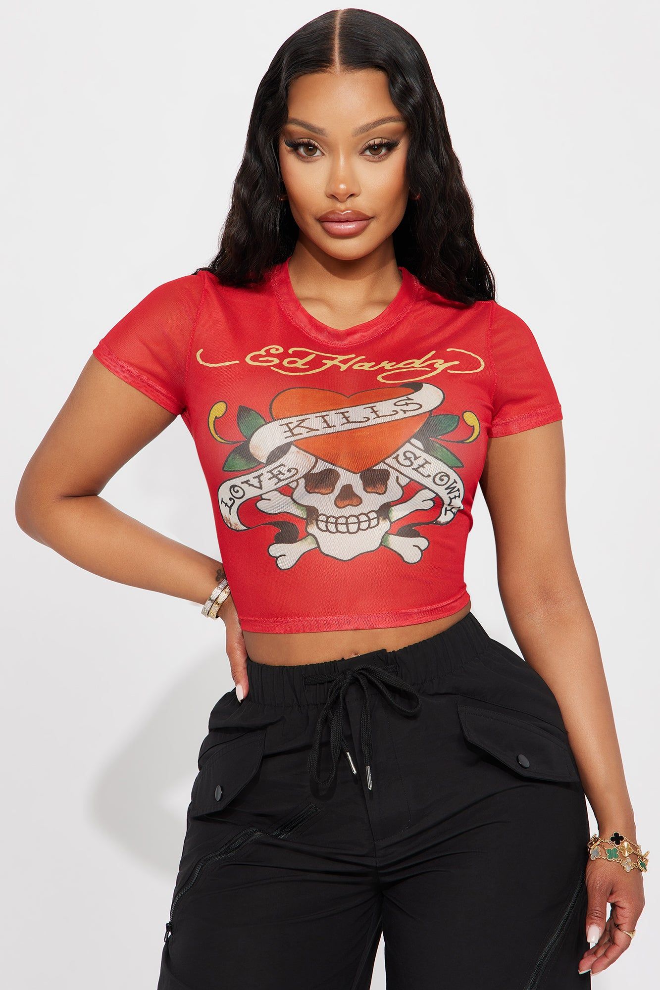 Ed Hardy Skull Mesh Fitted Tee - Red sold by Fashion Nova