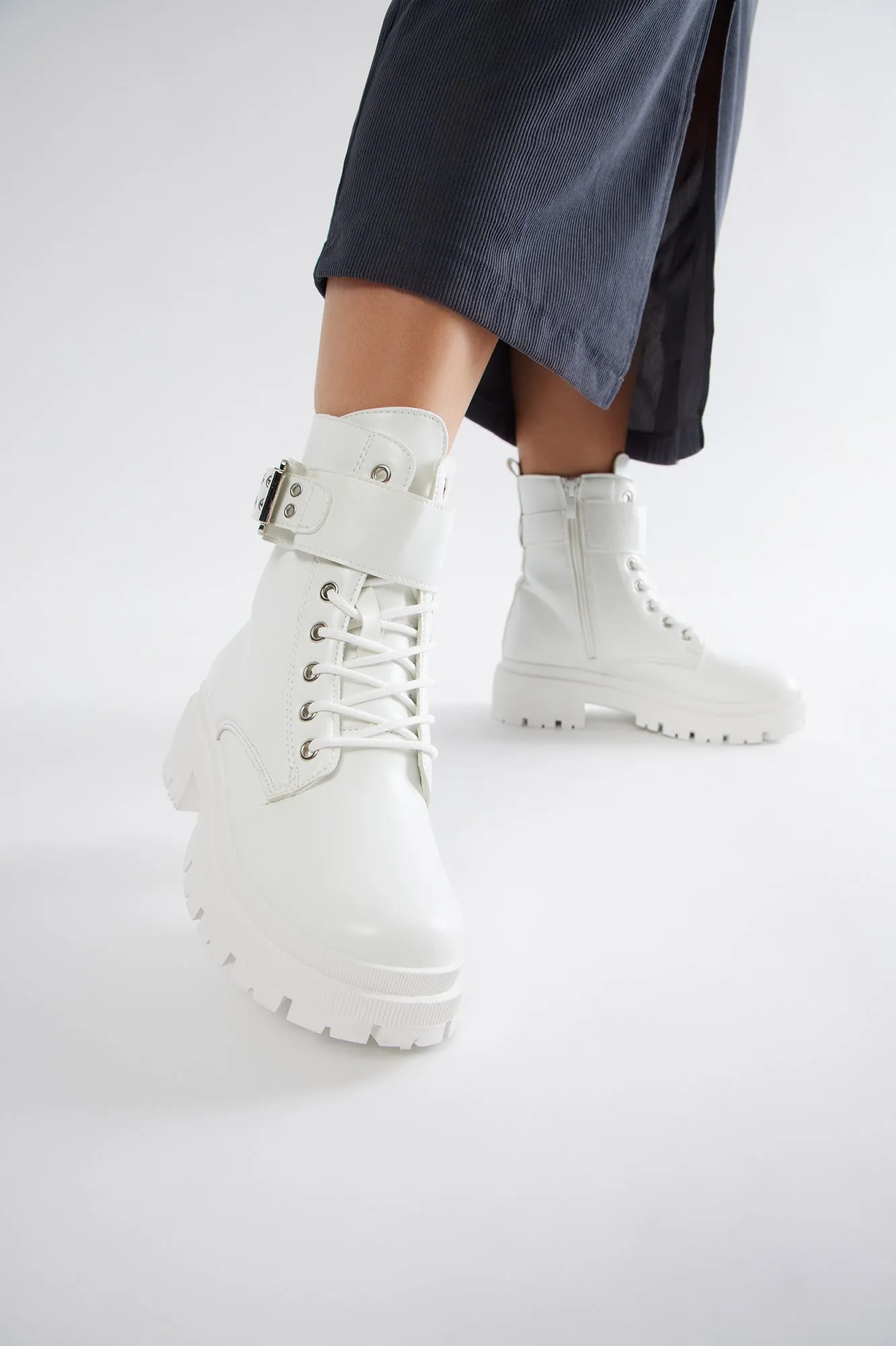 Tory Combat Boots - White sold by Fashion Nova