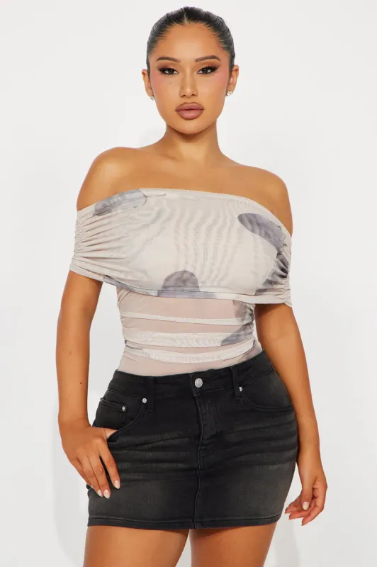 Miana Off Shoulder Mesh Bodysuit - Nude/combo sold by Fashion Nova