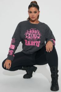 Bad Habits Double Sleeve Graphic Top - Charcoal sold by Fashion Nova