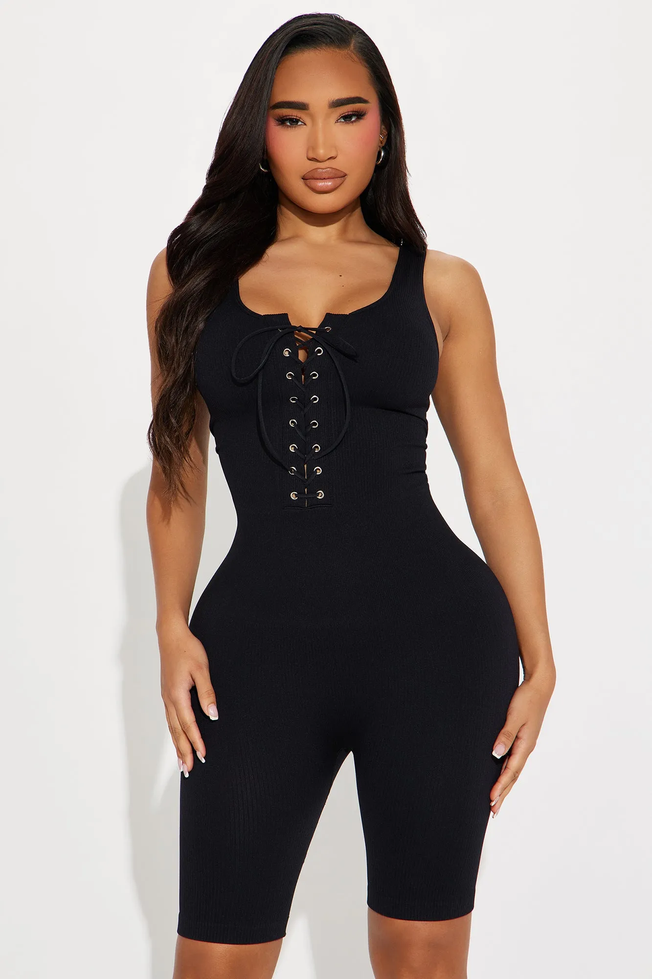 Lounge Over Heels Ribbed Romper - Black sold by Fashion Nova