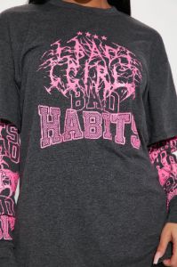 Bad Habits Double Sleeve Graphic Top - Charcoal sold by Fashion Nova