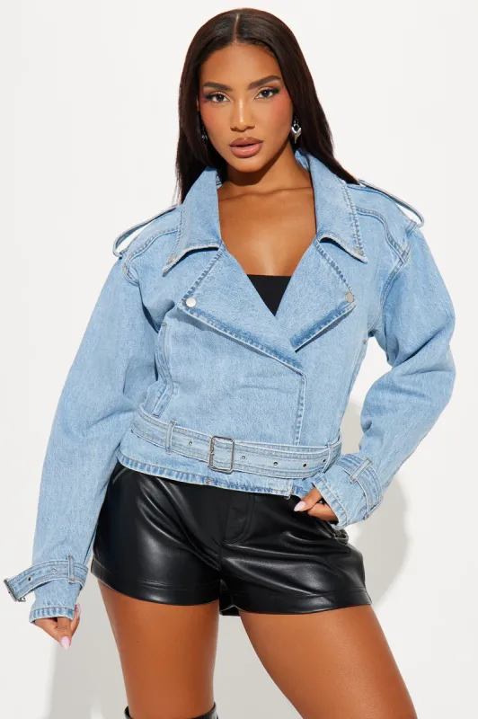 Bouncing Back Denim Biker Jacket - Light Wash sold by Fashion Nova