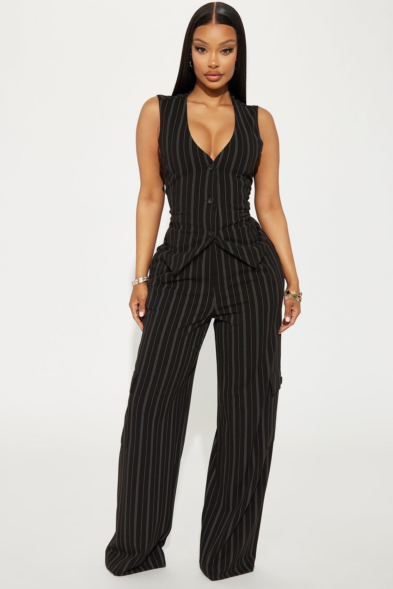 Heidy Pinstripe Vest Pant Set - Black sold by Fashion Nova