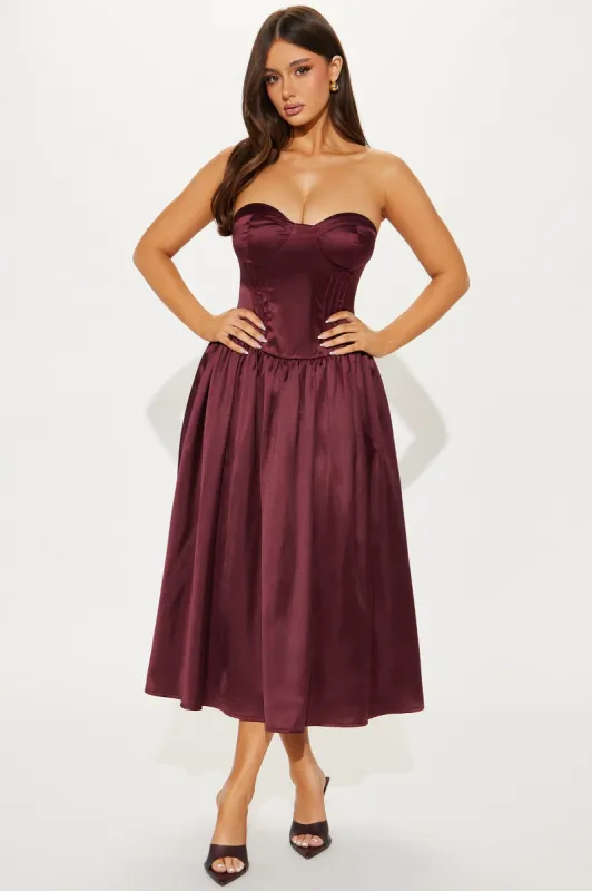Princess Treatment Corset Satin Midi Dress - Wine sold by Fashion Nova