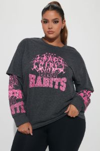 Bad Habits Double Sleeve Graphic Top - Charcoal sold by Fashion Nova