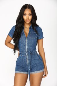 Down For You Denim Romper - Medium Wash sold by Fashion Nova