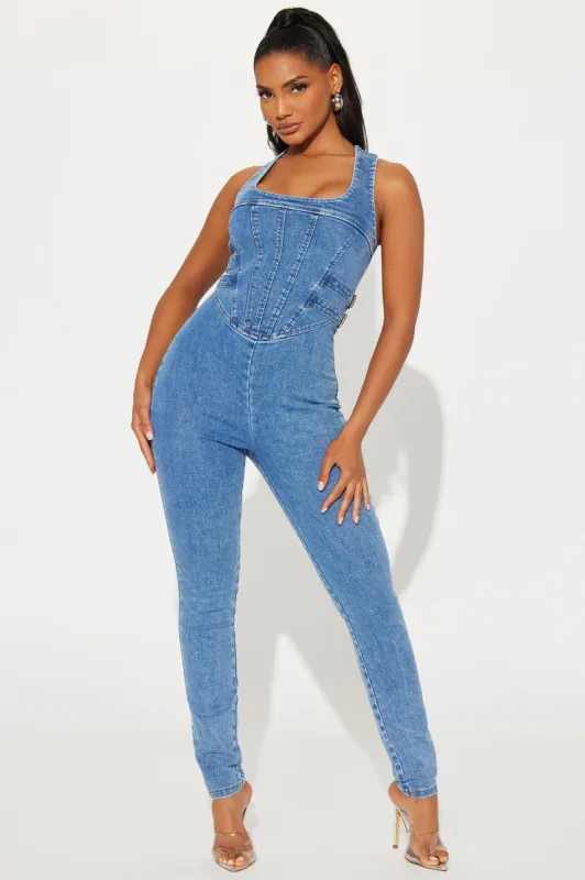Only A Moment Denim Jumpsuit - Medium Wash sold by Fashion Nova