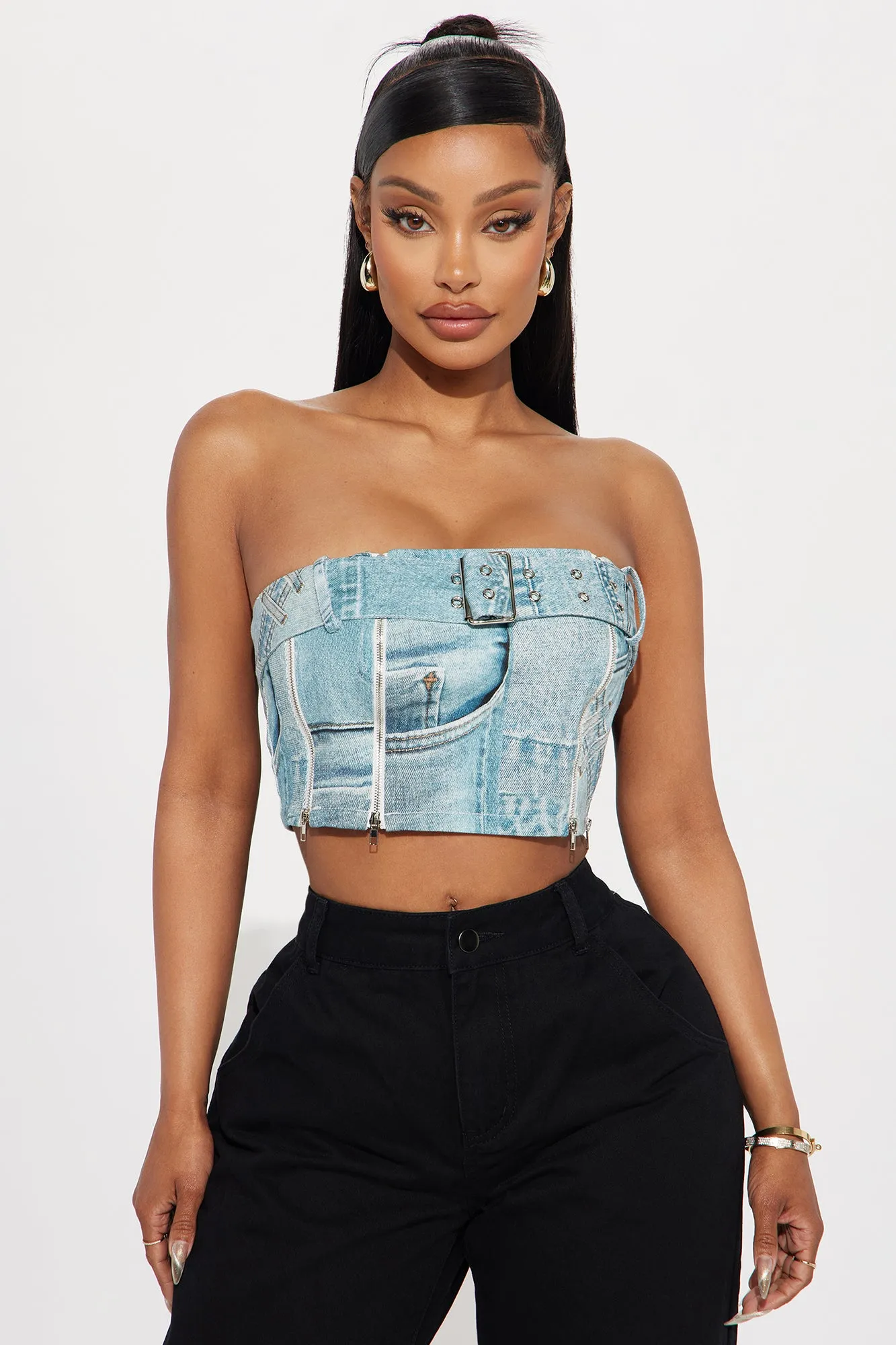 Down For It Denim Print Top - Blue/combo sold by Fashion Nova