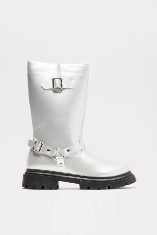 Mini Buckle On Up Boots - Silver sold by Fashion Nova