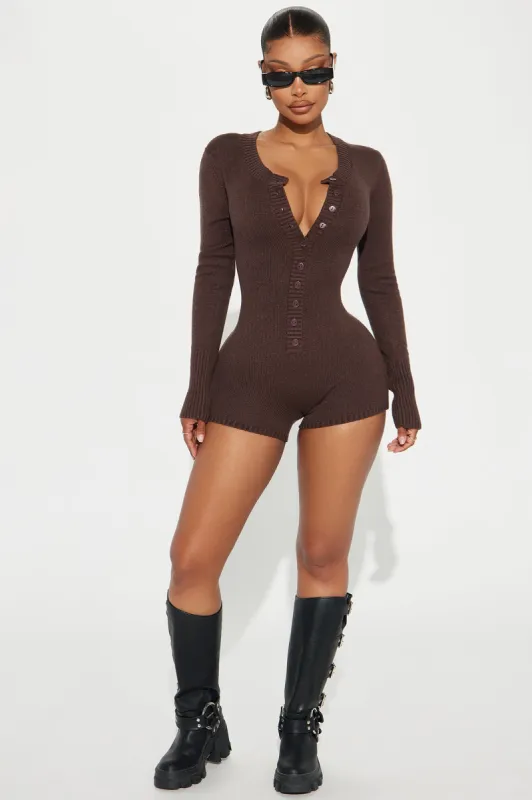 Cozy Moments Sweater Romper - Chocolate sold by Fashion Nova
