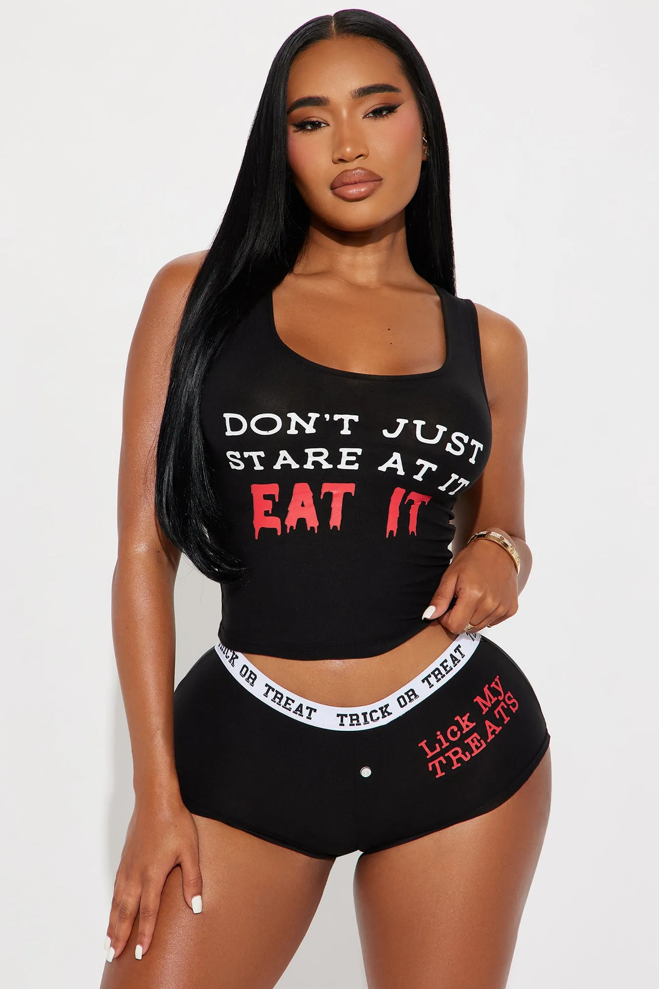 Don't Just Stare At It Halloween PJ Set - Black/combo sold by Fashion Nova