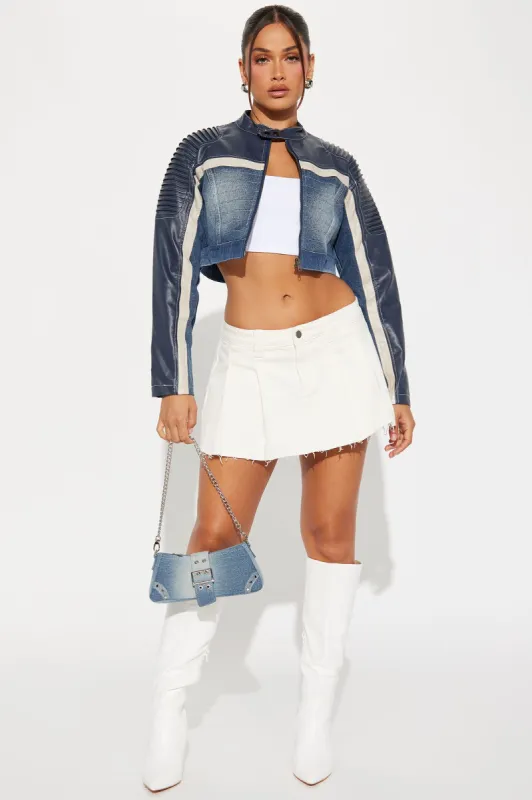 On Track Denim Racing Jacket - Blue/combo sold by Fashion Nova