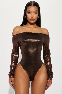 Doing Better Metallic Bodysuit - Rose Gold sold by Fashion Nova
