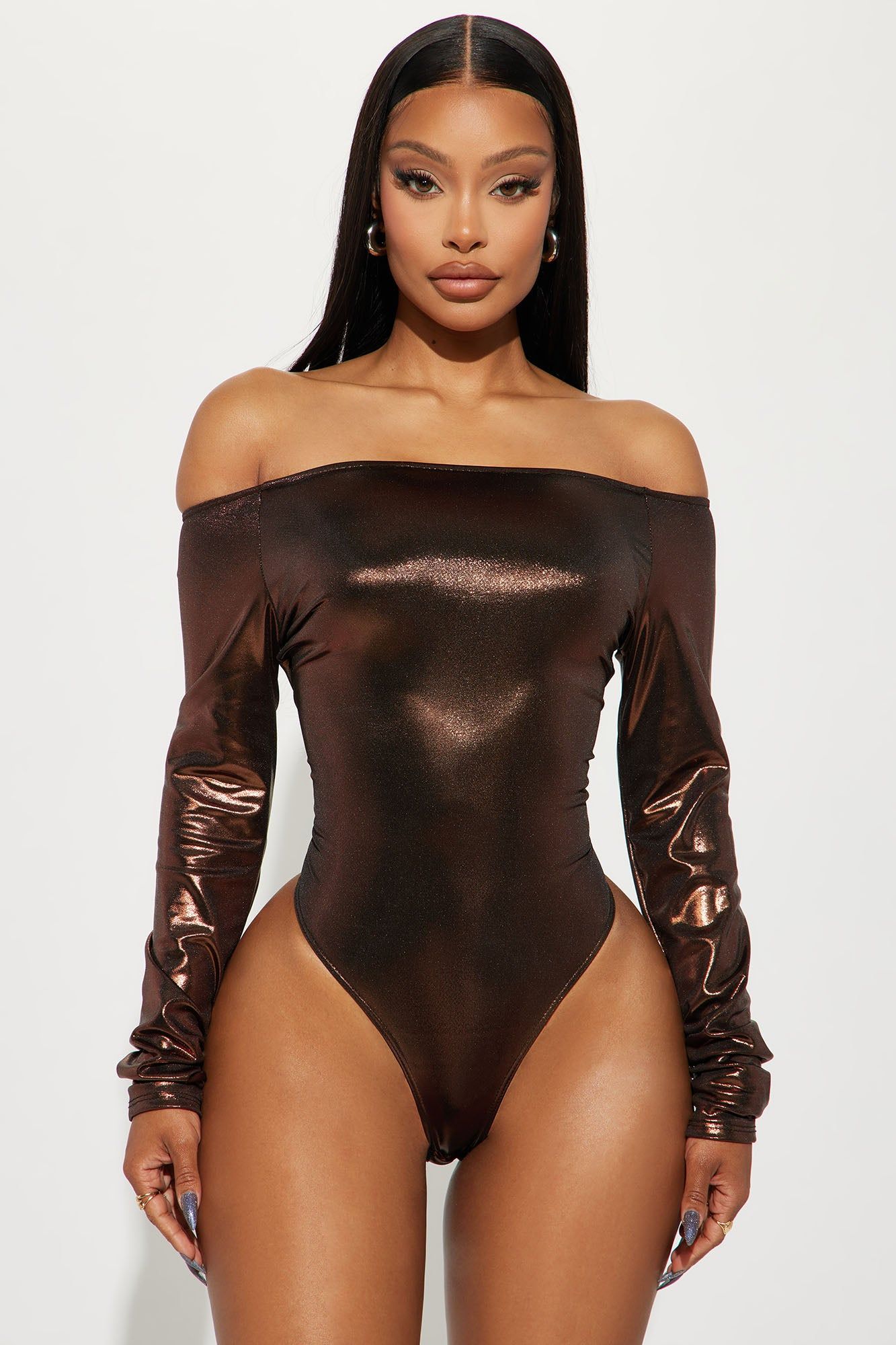 Doing Better Metallic Bodysuit - Rose Gold sold by Fashion Nova